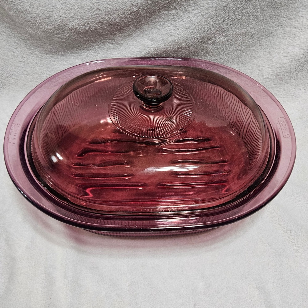 Vintage Corning Visions Cranberry Glass 4 Qt Oval Roaster with Lid made in USA